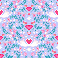 blue pink Love and white swan seamless pattern. cute heart floral print. botanical garden. good for fashion design, fabric, wallpaper, wrapping paper, pajama, summer spring dress, bedding textile