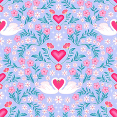 blue pink Love and white swan seamless pattern. cute heart floral print. botanical garden. good for fashion design, fabric, wallpaper, wrapping paper, pajama, summer spring dress, bedding textile