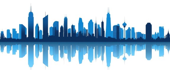 The silhouette of a large modern city stands against the blue hues of the sky