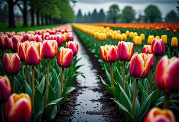 Tulips kissed by rain bloom beneath a moody sky, nature's resilience subtly revealed - obrazy, fototapety, plakaty