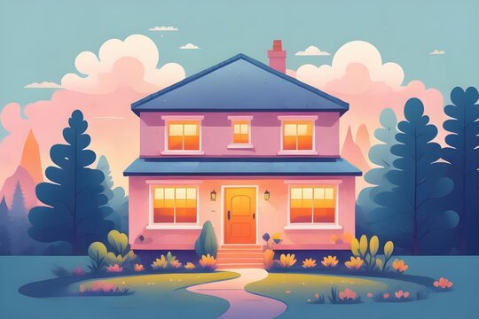 Under the moon's glow, a quaint house graces the tranquil night 