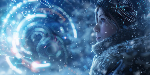 A person in a cold snowy night with symbols of time, in a panoramic style with depictions of inclement weather.