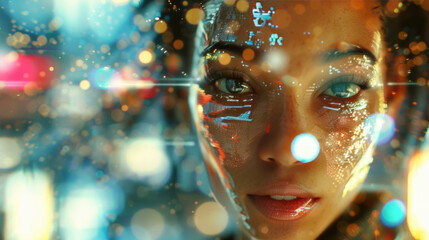 A futuristic android woman is digitally enhanced, shown in a futuristic urbanity style with serene faces. - obrazy, fototapety, plakaty