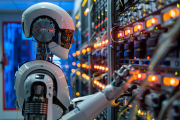 A robot performing tasks in a server room - obrazy, fototapety, plakaty