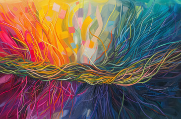 An abstract of colored strings forms the shape of a bird, shown in a colorful turbulence style with realistic fantasy artwork.