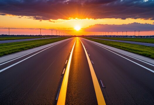 Watch as the evening sun casts a warm glow over an airport runway or road, creating a picturesque scene