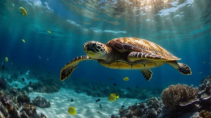 Zelfklevend Fotobehang A sea turtle swimming elegantly © AungThurein