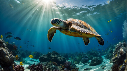 A sea turtle swimming elegantly