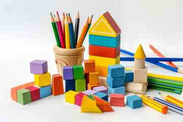 Colorful back-to-school wooden toy blocks accompanied by a group of school supplies on a white background