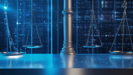 Law scale on a futuristic data center background. Digital law concept of Judiciary and Justice, data in the modern world, concept - obrazy, fototapety, plakaty