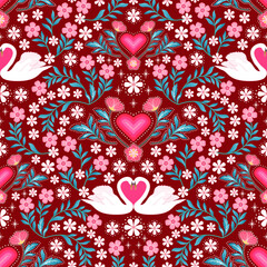 Love swan lake seamless pattern. Valentine floral print. heart botanical garden. good for fabric, fashion design, textile, wrapping paper , background.