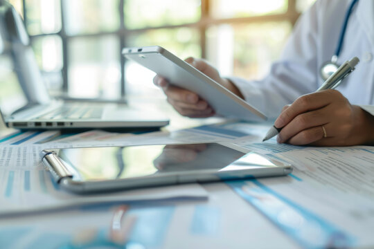 A medicine doctor working on a digital tablet and laptop computer, searching for information with medical documents on the table. Close-up view of the doctor writing prescriptions and filling out heal