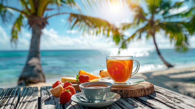 Portrait of a plate of fresh breakfast with sea view under palm tree in front of resort with a big empty space for text or product, Generative AI.