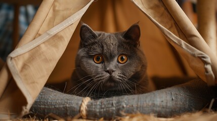 A shy cat hides within the confines of a homemade tent, offering a glimpse of comfort and domestic life.