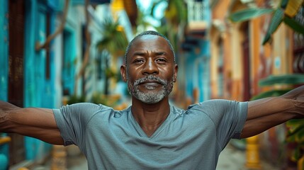 Black man stretching arms on street - Generative AI