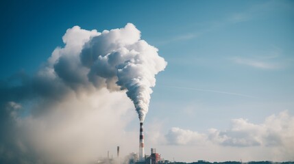 Industrial chimney emitting thick, dense CO2 smoke against sky
