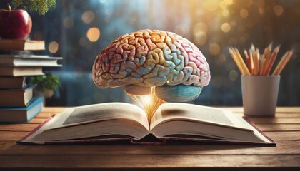 Human brain and books on wooden table