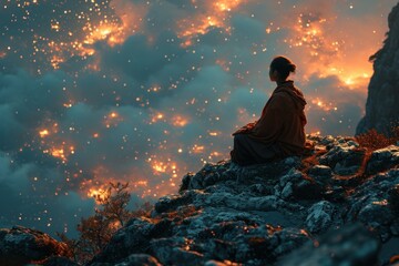 Buddhist monk meditating in the mountains - obrazy, fototapety, plakaty
