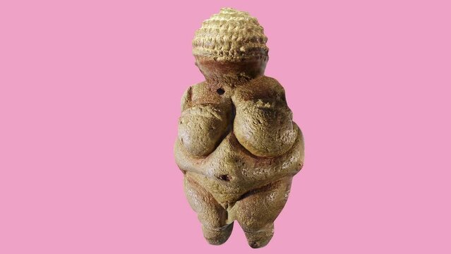 Venus of Willendorf statue 11.1-centimetre-tall Venus figurine estimated to have been made around 29,500 years ago. 3D glitch Animation 4k Ancient motherhood and fertility symbol on pink background

