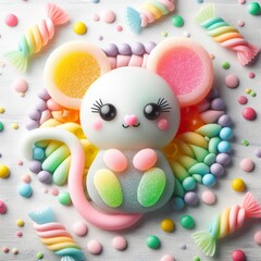 a cute Mouse made of pastel color rainbow gummy candy with candies around on a white background