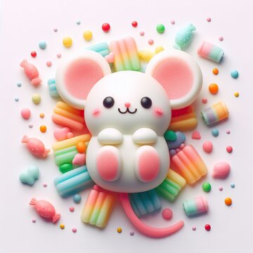 a cute Mouse made of pastel color rainbow gummy candy with candies around on a white background