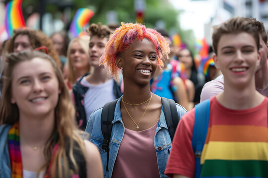 Multiracial gay people having fun at pride parade with LGBT flags, lesbian girls