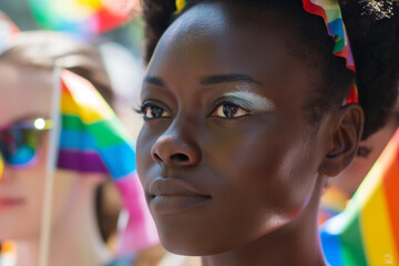 Multiracial gay people having fun at pride parade with LGBT flags, lesbian girl