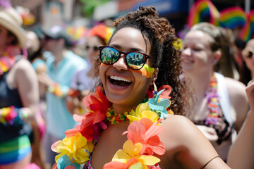 Multiracial gay people having fun at pride parade with LGBT flags, lesbian girl
