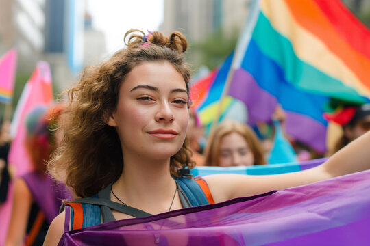 Multiracial gay people having fun at pride parade with LGBT flags, lesbian girl