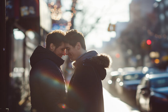 Multiracial gay people having fun at pride parade with LGBT flags, gay boy kiss