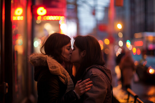 Multiracial gay people having fun at pride parade with LGBT flags, lesbian girls kiss