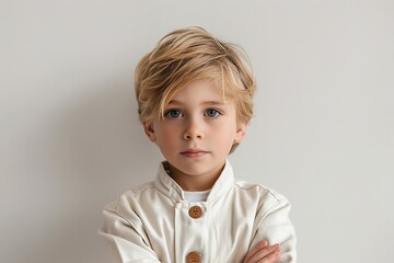 Standing firmly over a white setting, a blonde young lad boy in a white suit crossed his arms and space, Generative AI.