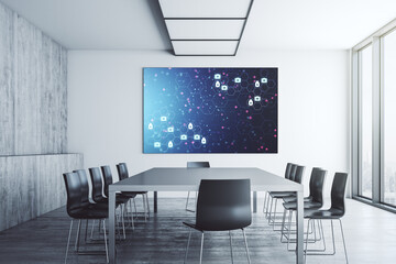 Creative abstract medical sketch on presentation monitor in a modern boardroom, Medicine and healthcare concept. 3D Rendering
