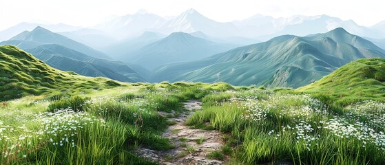 Summertime alpine scenery with an itinerary trail over a white backdrop greenery lush scenery and space, Generative AI. - obrazy, fototapety, plakaty