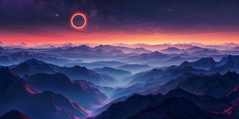  Artistic rendition of a solar eclipse over layer on the mountainous horizon dipping behind towering peaks and casting long shadows background and wallpaper, Fantasy of neon - obrazy, fototapety, plakaty