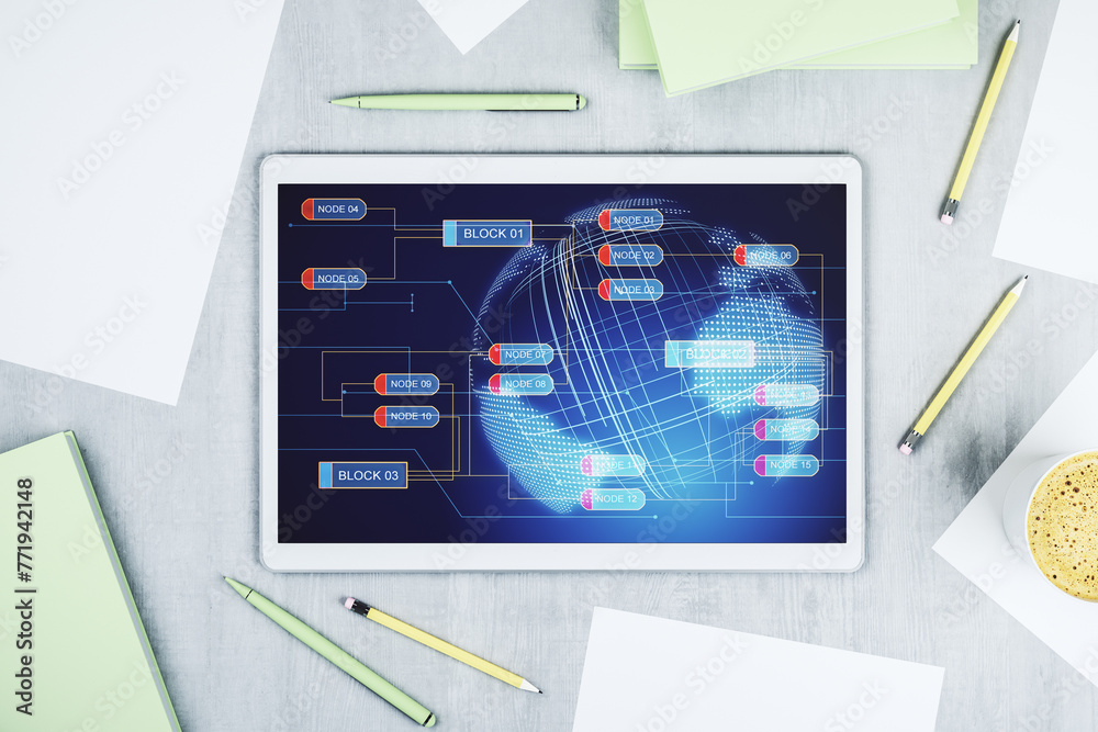Aufkleber Abstract creative coding concept with world map on modern digital tablet screen. Top view. 3D Rendering
