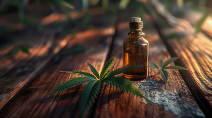 Marijuana leaf with medical organic products in the form of marijuana oil on a wooden background	
