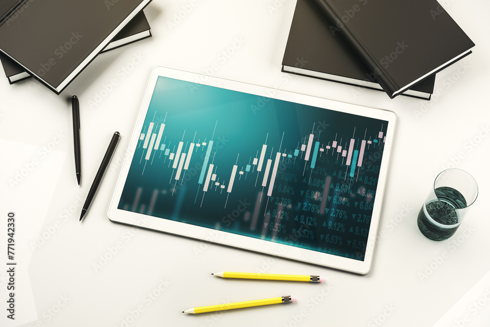 Poster top view of abstract creative financial diagram on modern digital tablet display, banking and accoun