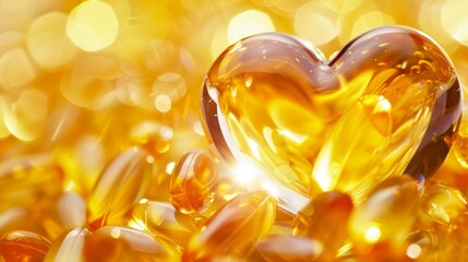 Heart shaped fish oil softgels with golden glow background. Valentine's Day concept, healthy eating and slim body weight loss idea - obrazy, fototapety, plakaty