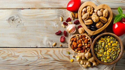 Colorful mix of nuts, seeds and dried fruits on wooden background with space for a healthy eating concept