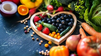 A heart shaped wooden plate filled with fresh fruits and vegetables, surrounded by an array of...