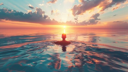 A peaceful 3D rendered moment of a lone swimmer doing laps in a reflective pool at sunrise, capturing tranquility - obrazy, fototapety, plakaty