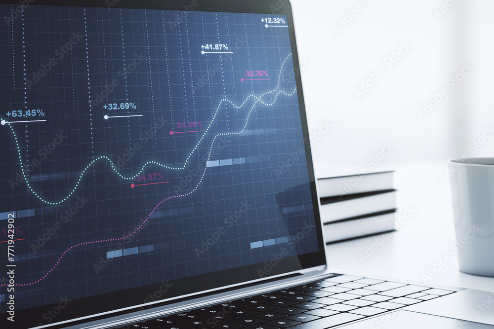 Poster computer monitor with abstract creative analytics data spreadsheet, analytics and analysis concept. 