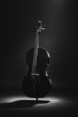 Silhouette of a cello against a black background
