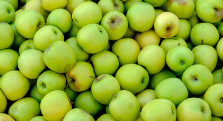 Background of green apples on sale at local market