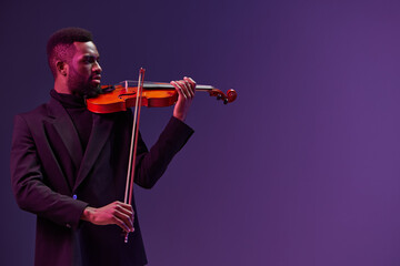 Talented young African American man playing the violin in a 3D render on a vibrant purple background