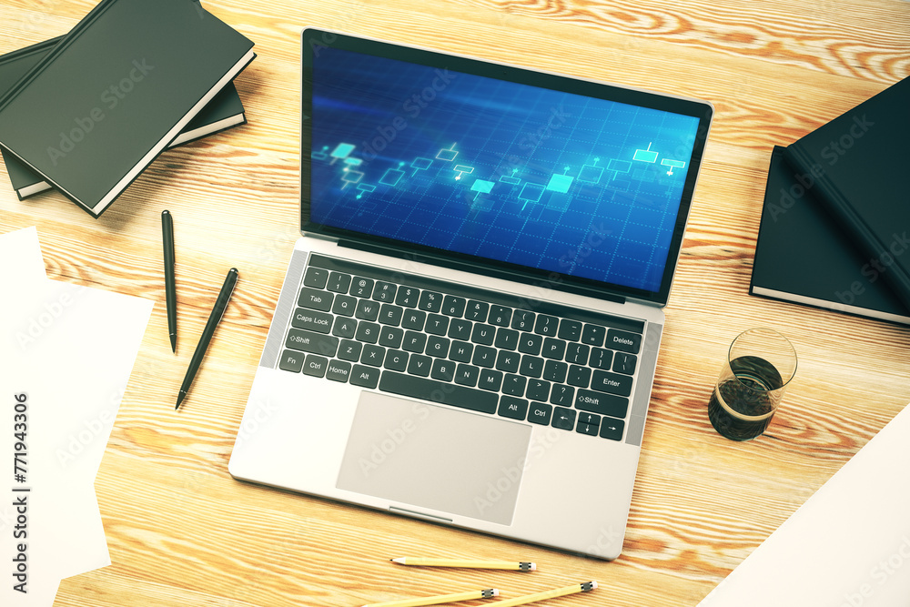 Poster modern computer monitor with abstract creative financial chart, research and strategy concept. 3d re