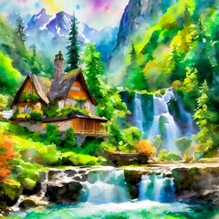 waterfall in the forest.the charm of an ancient mountain home surrounded by verdant forests and cascading waterfalls in a whimsical watercolor artwork. The playful use of color and loose, flowing brus - obrazy, fototapety, plakaty
