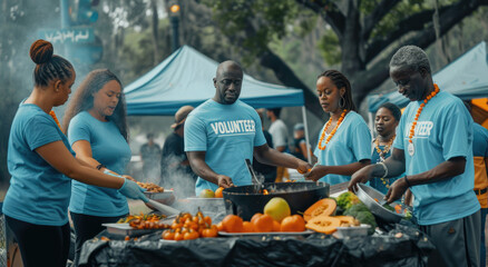 A group of diverse people wearing light blue t-shirts with "VOLUNTEER" written on them, serving food to the homeless at outdoor