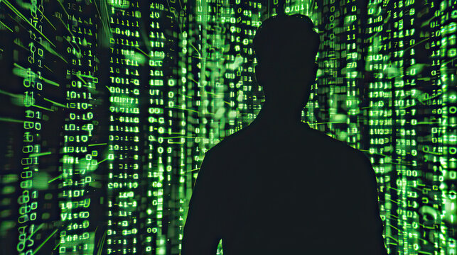Hacker silhouette against a backdrop of digital codes, identity unknown